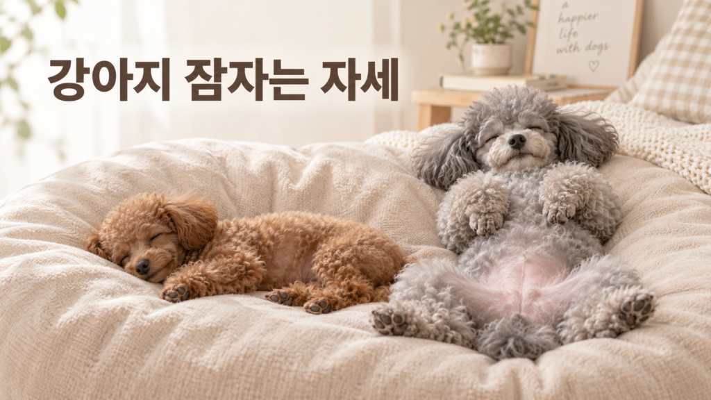 침대 위에서 옆으로 누운 브라운 푸른이와 배를 보이고 잠든 그레이 푸들 운이