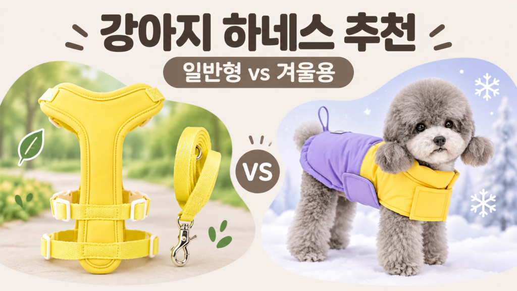 강아지 하네스 추천 일반형 노란색 하네스와 겨울용 패딩 하네스 비교 이미지