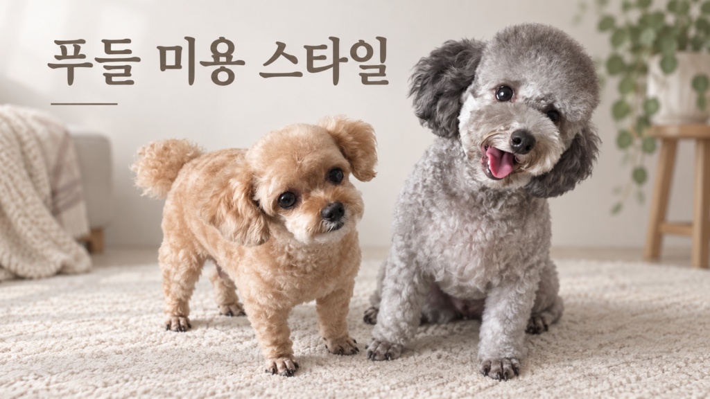 푸들 미용 스타일 대표 이미지: 미용 후 갈색 토이푸들 푸른이와 회색 토이푸들 운이가 나란히 있는 모습